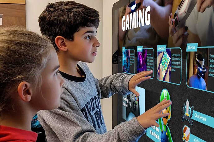 Zwei Kinder schauen auf einen Bildschirm an der Wand