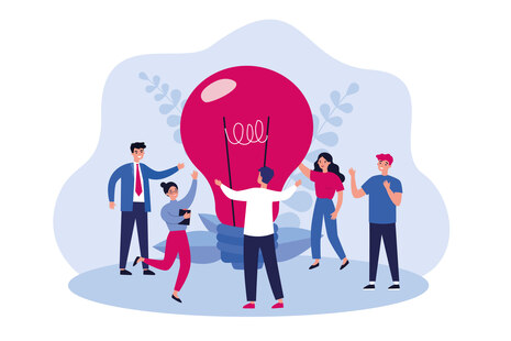 Zeichnung einer Glückbirne, 5 Personen tanzen um sie herum